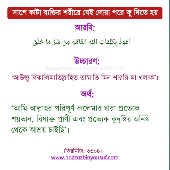 সাপে কাটা ব্যক্তির শরীরে যেই দোয়া পরে ফু দিতে হয়,বেহুঁশ ও সাপে কাটা ব্যক্তির শরীরে যে দুআ পড়ে ফুঁ দিবে,আউজু বিকালিমাতিল্লাহিত তাম্মাতি মিন কুল্লি শায়ত্বানিন ওয়া হাম্মাতিন ওয়া মিন কুল্লি আইনিন লাম্মাহ,বাড়ি থেকে সাপ তাড়ানোর দোয়া,সাপে কাটা ব্যক্তির শরীরে যেই দোয়া পরে ফু দিতে হয়,সাপ বিচ্ছু থেকে বাঁচার দোয়া,সাপ থেকে বাঁচার দোয়া আরবি,সাপের বিষ নামানোর দোয়া,সালামুন আলা নুহিন ফিল আলামিন,সাপের কামড় থেকে বাঁচার উপায়,বিষ ঝাড়ার দোয়া